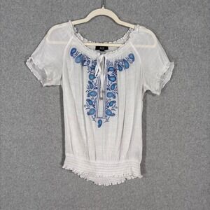 Paisley Embroidered Sheer Peasant Top Small Gauze Smocked Blouse Boho Feminine